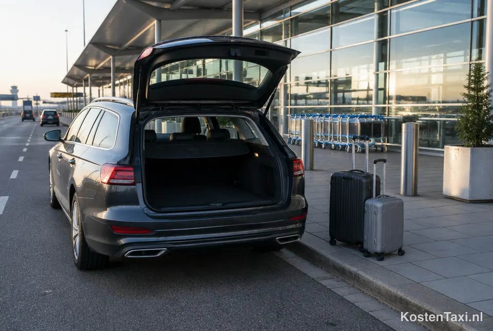 Taxi met koffers bij de vertrekhal van een luchthaven