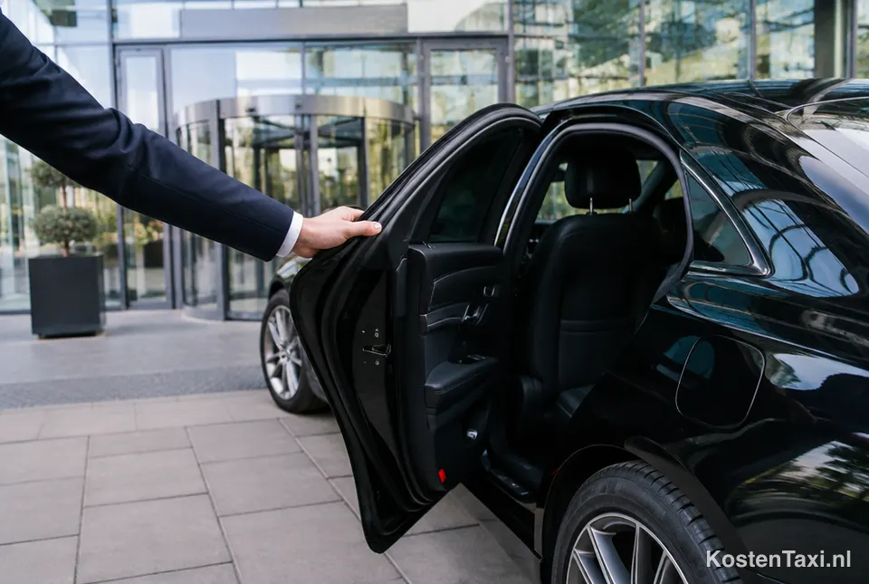 Zwarte zakelijke auto voor een kantoorgebouw